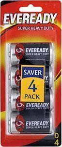 Eveready Super Heavy Duty Battery Black D 4 Pack